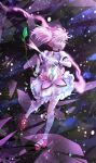  1girl absurdres arrow_(projectile) black_background blurry bokeh bow_(weapon) choker depth_of_field dress facing_to_the_side frilled_dress frills from_side gloves highres kaname_madoka kneehighs looking_to_the_side magical_girl mahou_shoujo_madoka_magica mary_janes pink_eyes pink_footwear pink_hair ribbon_choker sengoku_chidori shoes short_hair short_twintails solo twintails weapon white_gloves 
