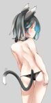  1girl animal_ears black_collar black_hair black_panties blue_hair brown_eyes cat_ears cat_girl cat_tail collar comah commentary_request from_behind gradient_hair grey_background highres leaning_to_the_side looking_at_viewer looking_back metal_collar multicolored_hair original panties simple_background solo tail topless underwear underwear_only 