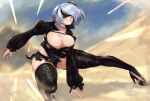  1girl artist_name black_forest_cake black_legwear blindfold breasts cake cleavage collarbone dust english_commentary floral_print food full_body grey_hair high_heels large_breasts lips long_sleeves nier_(series) nier_automata nier_reincarnation noxcuro puffy_long_sleeves puffy_sleeves shadow short_hair shrug_(clothing) solo spread_legs squatting thick_thighs thighhighs thighs torn_clothes yorha_no._2_type_b 