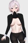  1girl absurdres black_legwear black_panties black_shirt blue_eyes blush braid breasts clothes_lift contrapposto empty_eyes eyebrows_visible_through_hair frown highres hololive hololive_indonesia jitome large_breasts lifted_by_self long_sleeves looking_at_viewer mouth_hold navel no_bra nose_blush panties panties_under_pantyhose pantyhose pavolia_reine rizu_pann shirt shirt_lift short_hair silver_hair simple_background solo stomach thighband_pantyhose underwear virtual_youtuber white_background 