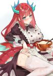  1girl absurdres apron aqua_eyes bangs blush breasts dragon_girl dragon_horns dragon_tail dress duel_monster eyebrows_visible_through_hair fang_qiao food garter_belt garter_straps highres horns kitchen_dragonmaid large_breasts long_hair long_sleeves looking_at_viewer maid maid_apron mixing_bowl open_mouth puffy_sleeves red_hair simple_background sitting solo tail white_background yu-gi-oh! 