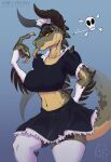  absurd_res airfly-pony anthro bethesda_softworks bone breasts clothed clothing deathclaw fallout female gradient_background hi_res legwear maid_uniform scalie simple_background skull solo thigh_highs tongue tongue_out uniform video_games 