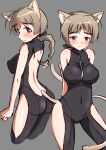  1girl ahoge animal_ears backless_outfit black_bodysuit blue_eyes blush bodysuit braid braided_ponytail breasts cat_ears cat_tail closed_mouth covered_nipples eyebrows_visible_through_hair grey_background highres large_breasts lynette_bishop multiple_views shiny shiny_skin simple_background sketch strike_witches sweat tail tricky_46 world_witches_series 