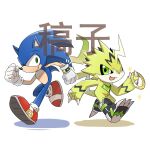  anthro bandai_namco blue_body blue_fur claws clothing digimon duo footwear fur green_eyes hi_res japanese_text kcyan12 male pulsemon ring running sega shoes sonic_the_hedgehog sonic_the_hedgehog_(series) text yellow_body 
