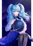  1girl blue_eyes blue_hair globe highres long_sleeves looking_down lord_of_heroes mu_(lord_of_heroes) myrpo pale_skin planet skirt sky solo star_(sky) star_(symbol) star_map starry_background starry_sky twintails 