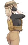  1girl ass black_shirt blonde_hair breast_press breasts english_commentary fingerless_gloves gloves hand_in_hair hat highres k0ng large_breasts long_hair looking_away low_ponytail pants plate_carrier shirt short_sleeves simple_background stalker_(game) tight tight_pants white_background 