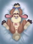  anthro anus bed_sheet bedding brown_body collar cuff_(restraint) feet handcuffs hi_res lagomorph laitue leporid long_ears lying male mammal metal_cuffs nude on_back rabbit restraints rodent simple_background smile smiling_at_viewer solo teeth 