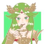  1girl abababu000 bangs bare_shoulders blush bracelet breasts choker commission commissioner_upload dress eating_hair eyebrows_visible_through_hair fork green_eyes green_hair jewelry kid_icarus kid_icarus_uprising long_hair looking_at_viewer necklace open_mouth palutena parted_bangs pendant simple_background skeb_commission sleeveless sleeveless_dress smile solo strapless strapless_dress upper_body very_long_hair white_dress 