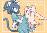  1girl animal_ears bangs barefoot belt blue_dress blue_eyes blue_hair breasts cat_day cat_ears cat_tail collared_vest dress frills hair_ornament hair_rings hair_stick itatatata jewelry kaku_seiga leg_ribbon looking_at_viewer medium_breasts medium_hair ofuda open_clothes open_vest puffy_short_sleeves puffy_sleeves ribbon short_sleeves tail toes touhou vest white_vest yellow_background 