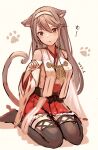  1girl animal_ears black_footwear black_hair boots cat_ears cat_tail detached_sleeves hair_ornament hairband hairclip haruna_(kancolle) kantai_collection long_hair paw_pose paw_print red_skirt ribbon-trimmed_sleeves ribbon_trim simple_background sitting skirt solo tail thigh_boots thighhighs wariza white_background white_hairband wss_(nicoseiga19993411) 