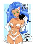  1girl absurdres animal_ears animal_hands bare_shoulders big_hair black_cat blue_eyes blue_hair blush breasts cat cat_ears cat_girl cat_tail cleavage collarbone dated felicia_(vampire) fur green_eyes highres large_breasts long_hair navel open_mouth smile solo tail tombsakura vampire_(game) white_fur 