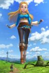  1boy 1girl blonde_hair blue_eyes braid cloud day fingerless_gloves giant giantess gloves grass guardian_(breath_of_the_wild) highres link long_hair looking_down looking_up marimo_(marimo2468) mountain open_mouth pointy_hair princess_zelda scenery sky standing the_legend_of_zelda the_legend_of_zelda:_breath_of_the_wild tower trail 