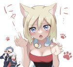  3girls :o absurdres akari_(pokemon) animal_ears arm_up bangs blonde_hair blue_eyes blush breasts cat_ears claw_pose cleavage collar collarbone commentary_request cyllene_(pokemon) eyelashes grey_eyes hair_between_eyes hands_up highres holding holding_poke_ball irida_(pokemon) kakko_madoka looking_at_viewer multiple_girls open_mouth paw_print poke_ball pokemon pokemon_(game) pokemon_legends:_arceus red_shirt shirt strapless strapless_shirt tongue trembling 