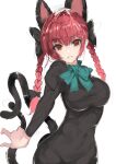  1girl animal_ears bad_anatomy bangs black_bow black_dress blunt_bangs blush bow braid breasts cat_ears cat_tail contrapposto covered_navel cowboy_shot dress eyebrows_visible_through_hair hair_bow hair_ribbon itsudatte_8ban juliet_sleeves kaenbyou_rin large_breasts long_hair long_sleeves looking_at_viewer multiple_tails nekomata one-hour_drawing_challenge parted_lips puffy_sleeves red_eyes red_hair ribbon simple_background sketch smile solo tail teeth touhou tress_ribbon twin_braids twintails two_tails white_background 