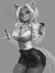  3:4 5_fingers anthro big_breasts bottomwear breasts business_suit cheese_quesadilla cleavage clothed clothing digital_media_(artwork) felid female fingers general-irrelevant grey_background hair hi_res holding_object holding_pen holding_phone looking_at_viewer mammal pen phone shirt simple_background skirt smile solo suit topwear vibrating_phone 