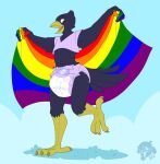  anthro avian bird corvid cuddlehooves diaper gambit_(the_corvid) happy hi_res lgbt_pride looking_at_viewer male oscine passerine pride_colors rainbow_flag rainbow_pride_flag rainbow_symbol solo 
