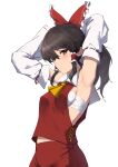  1girl absurdres armpits arms_up ascot bangs black_hair blush bow breasts brown_eyes detached_sleeves frilled_bow frilled_hair_tubes frills hair_between_eyes hair_bow hair_tubes hakurei_reimu highres long_hair long_sleeves looking_at_viewer morinosuke parted_lips presenting_armpit red_bow red_shirt red_skirt ribbon-trimmed_sleeves ribbon_trim sarashi shiny shiny_hair shirt sideboob sidelocks simple_background skirt sleeveless sleeveless_shirt small_breasts solo standing touhou white_background white_sleeves yellow_ascot 