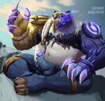 2021 anthro balls belly cloud erection genitals hi_res humanoid_genitalia humanoid_penis league_of_legends male mammal outside overweight overweight_male penis riot_games sitting solo sooxand ursid video_games volibear white_body 