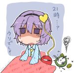  1girl alarm_clock black_hairband blue_pajamas broken buttons clock commentary_request eyeball eyebrows_visible_through_hair frown futon hair_between_eyes hair_ornament hairband heart heart_button heart_hair_ornament highres komeiji_satori long_sleeves noai_nioshi open_mouth pajamas purple_eyes purple_hair short_hair sitting solo sweat third_eye touhou translation_request under_covers white_background 