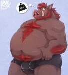  2022 anthro belly blush bulge hi_res humanoid_hands male mammal navel overweight overweight_male simple_background skaifox solo suid suina sus_(pig) wild_boar 