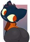  :&lt; anthro big_butt big_eyes butt clothing dark_body domestic_cat ekkokenight felid feline felis female hi_res looking_back mae_borowski mammal night_in_the_woods notched_ear red_eyes short_stack solo tight_clothing video_games whiskers yellow_eyes 