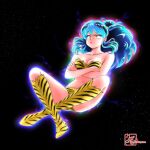  1girl :t angry aqua_hair aura bangs bare_arms bare_shoulders black_background blush boots breasts cleavage crossed_ankles crossed_arms electricity floating floating_hair full_body highres horns knee_boots long_hair looking_down lum midriff navel pointy_ears pout shorts sidelocks simple_background sky solo star_(sky) starry_sky strapless tiger_stripes umeboshiyatura urusei_yatsura 