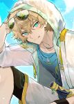  absurdres arknights bishounen blonde_hair blue_eyes blue_shirt blue_sky cowboy_shot dog_boy dog_tags highres hood hoodie male_focus nemururin shirt shorts sky solo sparkle sunglasses sword tequila tequila_(arknights) tinted_eyewear tongue tongue_out weapon 