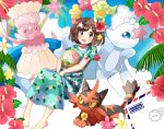  1girl :d alternate_costume arisu_(mikannjs) bangs barefoot blue_eyes blush brown_hair comfey commentary_request dress envelope flower green_dress hair_flower hair_ornament medium_hair open_mouth oricorio oricorio_(pa&#039;u) pigeon-toed pokemon pokemon_(creature) pokemon_(game) pokemon_sm primarina red_flower rowlet selene_(pokemon) smile toes tongue torracat 