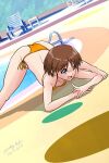  1girl artist_name bangs barefoot beach_chair beach_umbrella bikini blue_eyes breasts brown_hair commentary dated day dutch_angle eyebrows_visible_through_hair girls_und_panzer jack-o&#039;_challenge looking_to_the_side matsui_yasutsugu open_mouth orange_bikini outdoors pool sakaguchi_karina shadow short_hair side-tie_bikini signature small_breasts smile solo spread_legs string_bikini swimsuit top-down_bottom-up umbrella 