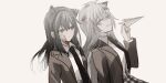  2girls :d absurdres animal_ear_fluff animal_ears arknights bangs black_hair black_jacket black_nails black_necktie blue_eyes brown_eyes chihuri closed_mouth collared_shirt ear_piercing eyebrows_visible_through_hair grey_background grey_hair hair_between_eyes hand_up highres holding jacket lappland_(arknights) long_hair multiple_girls nail_polish necktie open_clothes open_jacket paper_airplane piercing shirt simple_background smile test texas_(arknights) upper_body white_shirt 