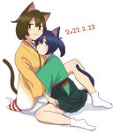  2girls :3 animal_ears blue_hair brown_eyes brown_hair cat_day cat_ears cat_tail dated hair_ribbon hiryuu_(kancolle) iwana japanese_clothes kantai_collection kimono looking_at_another looking_at_viewer multiple_girls one_eye_closed one_side_up ribbon short_hair simple_background sitting souryuu_(kancolle) tail twintails white_background white_ribbon wide_sleeves 