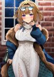  1girl bare_shoulders blush bow box breasts brick_wall brown_hair closed_mouth coat cowboy_shot cross-laced_slit dress eyewear_on_head finger_to_cheek fur_trim gift gift_box girls&#039;_frontline grizzly_mkv_(girls&#039;_frontline) hair_intakes highres large_breasts light_frown long_sleeves looking_at_viewer medium_hair purple_eyes solo striped striped_bow sunglasses sweater sweater_dress turtleneck_dress white_dress window yunamaro 