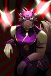  anthro blue_eyes canid canine clothing fox fur grey_body grey_fur hi_res kuromaih lifewonders live-a-hero male mammal mask muscular muscular_anthro muscular_male phantom_thief purple_clothing ribbon_tie solo video_games vulpecula 
