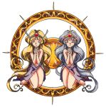  1990s_(style) 2girls bangs blonde_hair closed_eyes gold_mountain headpiece highres interlocked_fingers long_hair multiple_girls ng_knight_lamune_&amp;_40 non-web_source official_art own_hands_together praying retro_artstyle silver_hair silver_mountain simple_background teeth very_long_hair white_background 
