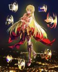  1girl absurdres armor barefoot blonde_hair blurry blurry_background bodypaint book box breasts character_name circlet cleavage crossed_arms earrings fate/grand_order fate_(series) faulds floating forehead_jewel gate_of_babylon_(fate) genderswap genderswap_(mtf) gilgamesh_(fate) gold_armor gun hair_between_eyes hair_censor hair_over_breasts highres jewelry long_hair looking_at_viewer navel necklace plantar_flexion pornography red_eyes saint_quartz_(fate) shin_guards smile solo stellated_octahedron stirrup_legwear sword toeless_legwear toned topless ushas very_long_hair weapon 