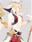  1girl artoria_pendragon_(fate) blonde_hair blue_eyes breasts cleavage cosplay fate/grand_order fate_(series) gilgamesh_(caster)_(fate) gilgamesh_(caster)_(fate)_(cosplay) gilgamesh_(fate) koto_hara looking_at_viewer navel ribbon saber short_hair simple_background solo 