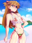  1girl absurdres bangs beach bikini bikini_under_clothes black_choker blue_eyes blue_sky blurry blurry_background brown_hair choker cloud cloudy_sky cowboy_shot eyepatch hand_on_hip highres long_hair looking_at_viewer midriff minicop2001 navel neon_genesis_evangelion red_bikini see-through_shirt shadow shirt sky solo souryuu_asuka_langley swimsuit tied_shirt 