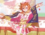  1girl animal_ears armor bangs banner blurry blurry_background brooch corset crown gloves hair_over_one_eye horse_ears horse_girl horse_tail index_finger_raised jewelry looking_at_viewer mini_crown nanaheibei_3 open_mouth orange_hair outstretched_arms pink_skirt shirt shoulder_armor single_glove skirt smile solo spread_arms standing star_(symbol) t.m._opera_o_(umamusume) tail teeth thighhighs two-tone_skirt umamusume white_gloves white_shirt white_skirt 