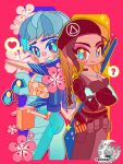  2girls ? absurdres apex_legends arms_dealer_loba artist_name ass back-to-back bangs belt beret black_belt black_bodysuit black_headwear blue_bodysuit blue_hair blush bodysuit braid brown_hair crossed_legs edorai eyeshadow flower gun hat headset heart highres holding holding_eyewear holstered_weapon jetpack loba_(apex_legends) makeup multiple_girls official_alternate_costume pink_flower purple_eyeshadow smile speech_bubble spoken_heart spoken_question_mark sunglasses twin_braids valkyrie_(apex_legends) weapon 