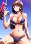  1girl ;o absurdres bangs beach bikini blue_bikini blue_sky blunt_bangs breasts brown_eyes brown_hair clear_sky cleavage commentary_request day girls_und_panzer half-closed_eyes halterneck highres holding horizon large_breasts long_hair looking_at_viewer miraino_tsubasa navel nishizumi_shiho one_eye_closed outdoors partial_commentary sky solo squatting straight_hair swimsuit water_gun 