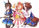  3girls admire_vega_(umamusume) ahoge animal_ears armor bag bangs blue_dress breasts brooch brown_hair cape closed_mouth corset crown dress gloves hand_on_own_head highres horse_ears horse_girl horse_tail jewelry laughing long_hair medium_breasts meisho_doto_(umamusume) mini_crown multicolored_hair multiple_girls nanaheibei_3 neckerchief necktie one_eye_closed orange_hair own_hands_together ponytail shirt short_hair shoulder_armor shoulder_bag simple_background single_glove skirt small_breasts smile steepled_fingers t.m._opera_o_(umamusume) tail thighhighs two-tone_hair two-tone_skirt umamusume white_background white_gloves white_legwear white_neckerchief white_shirt 