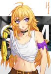  1girl absurdres ahoge belt blonde_hair breasts clothes_lift collarbone davidstok highres jewelry long_hair midriff navel necklace open_mouth prosthesis purple_armband purple_eyes rwby shirt shirt_lift solo sweat tank_top toned white_shirt yang_xiao_long 