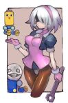  1girl android breasts cosplay dakusuta emil_(nier) highres leotard mask medium_breasts mega_man_(series) mega_man_legends nier_(series) nier_automata pantyhose pod_(nier_automata) servbot_(mega_man) servbot_(mega_man)_(cosplay) smile tron_bonne_(mega_man) tron_bonne_(mega_man)_(cosplay) wrench yorha_no._2_type_b 