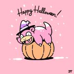  black_eyes commentary fangs happy_halloween hat hatted_pokemon highres james_turner lying no_humans on_stomach open_mouth pink_background pokemon pokemon_(creature) pumpkin signature slowpoke snowing solo tongue 