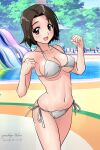  1girl artist_name bangs beach_chair beach_umbrella bikini breasts brown_eyes brown_hair cleavage clenched_hands commentary cowboy_shot dated day forest girls_und_panzer halterneck large_breasts looking_at_viewer matsui_yasutsugu nature navel open_mouth outdoors parted_bangs pool sawa_azusa short_hair side-tie_bikini signature smile solo standing string_bikini swimsuit umbrella w_arms waterpark white_bikini 