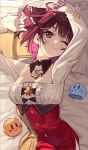  1girl arms_up atelier_(series) atelier_sophie breasts center_frills cleavage closed_mouth cowboy_shot detached_collar dress eyebrows_visible_through_hair frills gold highres hip_vent long_sleeves lying medium_breasts medium_hair multicolored_clothes multicolored_dress on_back one_eye_closed pillow red_eyes red_hair ribbed_dress ryuuno6 short_dress smile sophie_neuenmuller square_neckline 