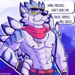  1:1 abs anthro bandai_namco digimon digimon_(species) english_text eyewear eyewear_on_head fizzyjay fur hi_res male muscular muscular_anthro muscular_male nipples pecs scarf shirtless striped_body striped_fur stripes sunglasses sunglasses_on_head text weregarurumon yellow_eyes 