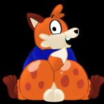  1:1 anthro balls big_butt black_background butt canid canine clothing digital_media_(artwork) eyebrows fox genitals hi_res jacket looking_at_viewer looking_back looking_back_at_viewer male mammal open_mouth raised_eyebrow short_stack simple_background sitting smile solo superiorfox_(superiorfoxdafox) thick_thighs topwear wide_hips 