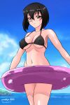  1girl artist_name bangs bikini black_bikini black_eyes black_hair blue_sky bob_cut breasts cleavage closed_mouth cloud cloudy_sky commentary cowboy_shot dated day girls_und_panzer grey-framed_eyewear halterneck holding holding_innertube horizon innertube kawashima_momo light_frown looking_at_viewer matsui_yasutsugu medium_breasts monocle navel ocean outdoors semi-rimless_eyewear short_hair signature sky solo standing swimsuit under-rim_eyewear 