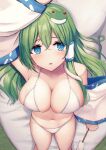  1girl absurdres arm_up bikini blue_eyes blush breasts detached_sleeves eyebrows_visible_through_hair eyes_visible_through_hair feet_out_of_frame frog_hair_ornament gohei green_hair hair_between_eyes hair_ornament hair_tubes highres holding holding_stick kochiya_sanae large_breasts liya long_hair long_sleeves lying navel on_back on_bed open_mouth snake_hair_ornament solo stick swimsuit touhou upside-down 